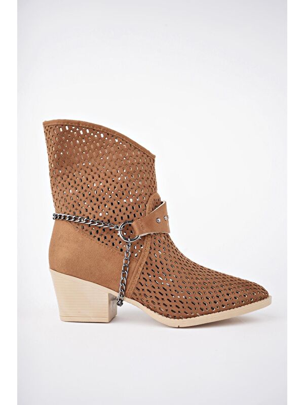 BURNİNG Kadın Lazer Kesim Zincir Detaylı Delikli Kovboy Yazlık Topuklu Festival Bot - Görsel 6