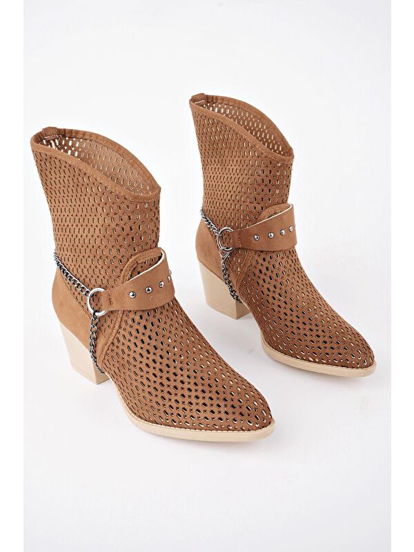 BURNİNG Kadın Lazer Kesim Zincir Detaylı Delikli Kovboy Yazlık Topuklu Festival Bot - Görsel 7