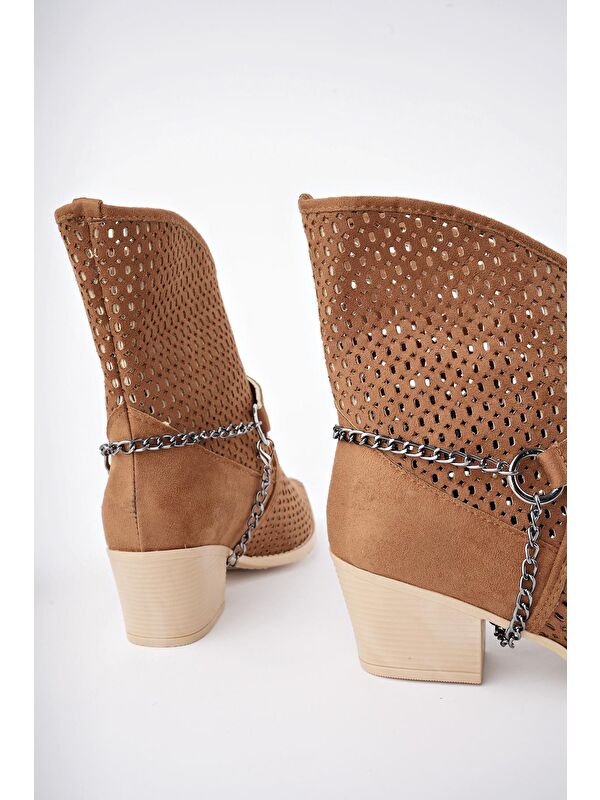 BURNİNG Kadın Lazer Kesim Zincir Detaylı Delikli Kovboy Yazlık Topuklu Festival Bot - Görsel 8