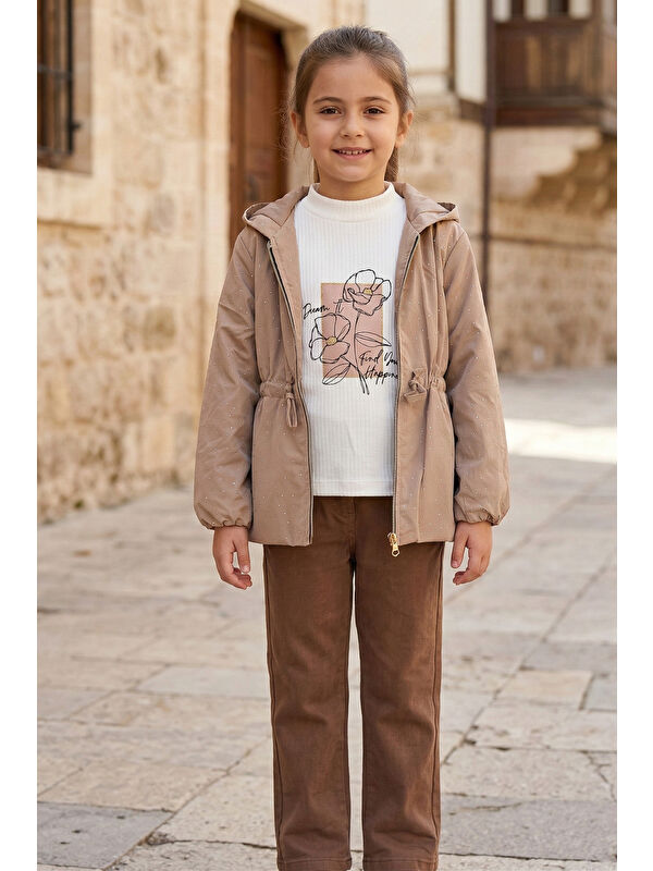 Pina Kids Kız Çocuk Nova Kumaşlı Taşlı Trençkotlu Penyeli Keten Pantolonlu Alt Üst Takım