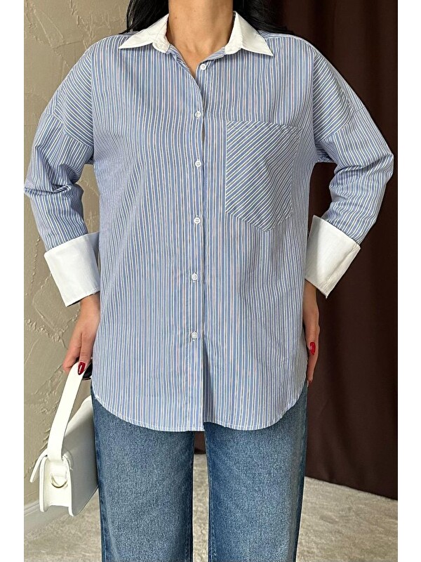 Jane's Mavi Çizgili Poplin Uzun Kol Gömlek