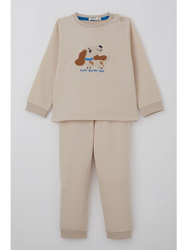 Breeze Erkek Bebek Eşofman Takımı Sevimli Köpekçik Nakışlı Krem (9 Ay-3 Yaş)