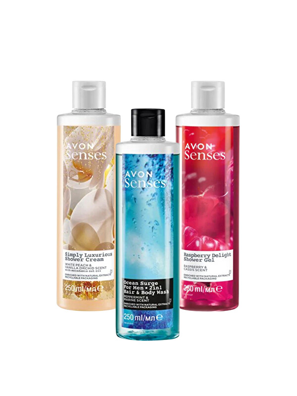 AVON Frambuaz Frenk Üzümü Şeftali Vanilya Orkide Nane ve Deniz Kokulu Duş Jeli Paketi