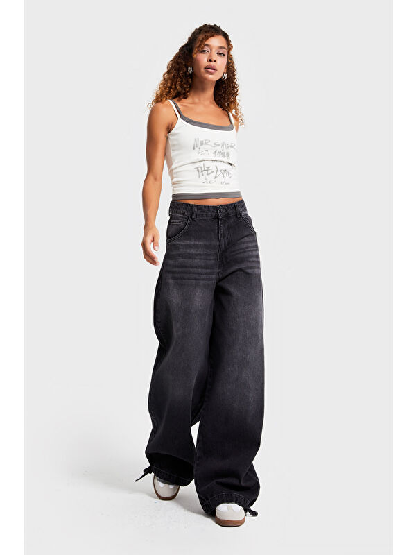 It's Basic Kadın Füme Renk 2w5-1 Straight Baggy Fit %100 Pamuk Paça Bağcık Detaylı Bol Kesim Denim Jean