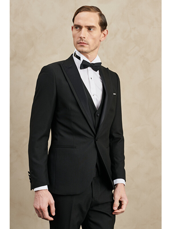 Altınyıldız Classics Erkek Siyah Slim Fit Dar Kesim Kırlangıç Yaka Desenli Klasik Smokin Takım