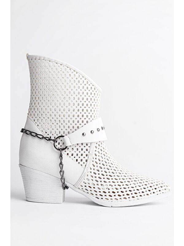 BURNİNG Kadın Lazer Kesim Zincir Detaylı Delikli Kovboy Yazlık Topuklu Festival Bot - Görsel 4