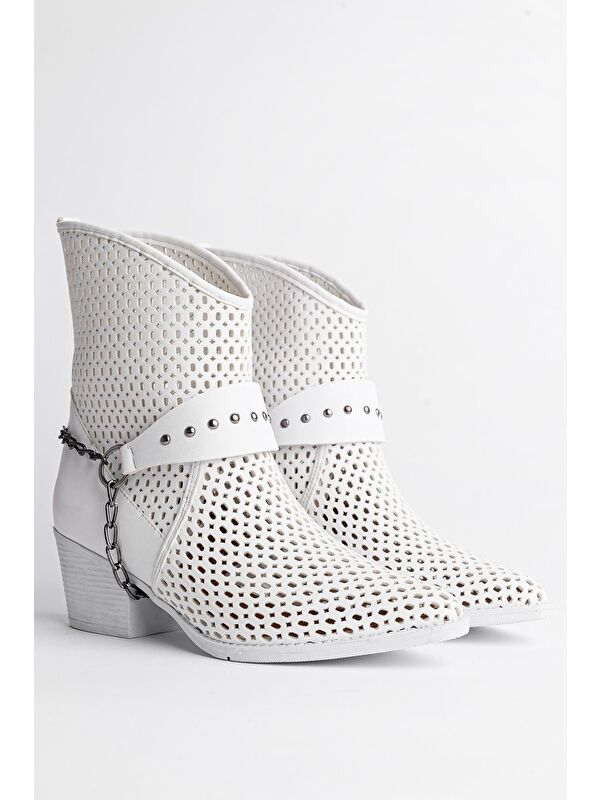 BURNİNG Kadın Lazer Kesim Zincir Detaylı Delikli Kovboy Yazlık Topuklu Festival Bot - Görsel 5