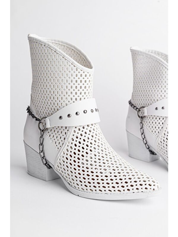 BURNİNG Kadın Lazer Kesim Zincir Detaylı Delikli Kovboy Yazlık Topuklu Festival Bot - Görsel 6