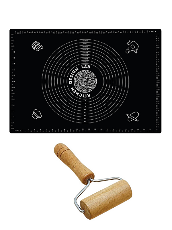 Kitchen Design Lab 2'li Set Siyah 45x65 Cm Silikon Hamur Açma Matı Ve Pratik Ahşap Saplı Silindir Hamur Açıcı