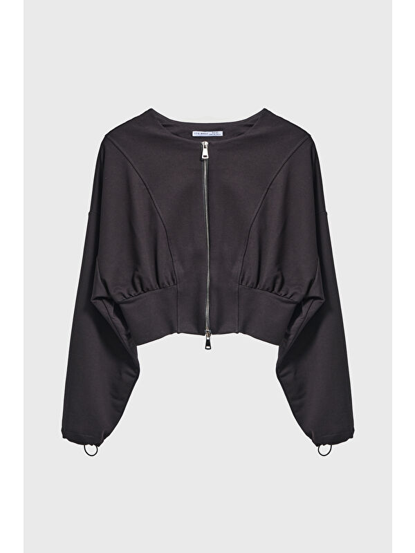 It's Basic Kadın Siyah Renk w5-1 Bol Kesim Örme Esnek Kumaş Oversize Fermuarlı Sweatshirt