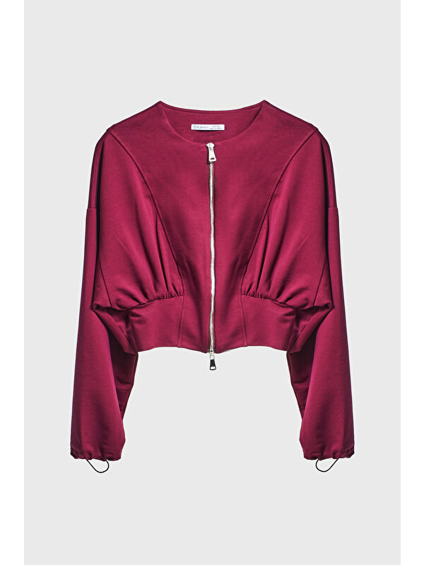 It's Basic Kadın Bordo Renk w5-35 Bol Kesim Örme Esnek Kumaş Oversize Fermuarlı Sweatshirt