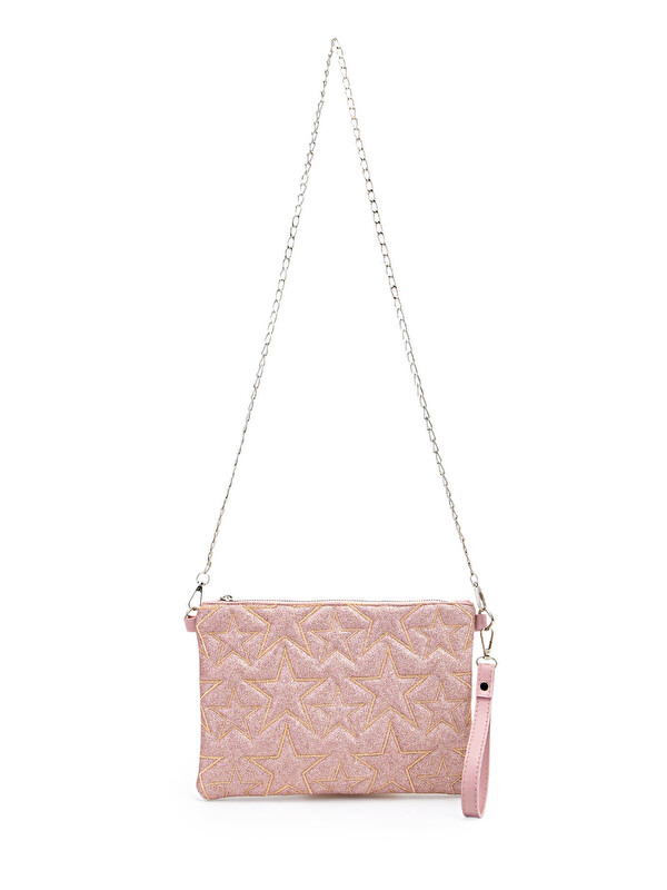 Minebag Yıldız Dikişli Clutch Star Kadın Çanta Simli Pudra