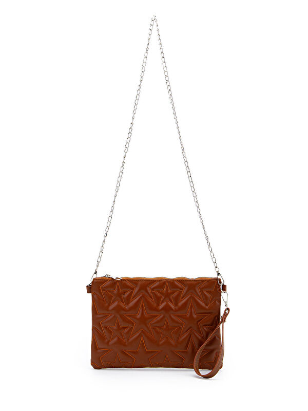 Minebag Yıldız Dikişli Clutch Suni Deri Star Kadın Çanta Taba