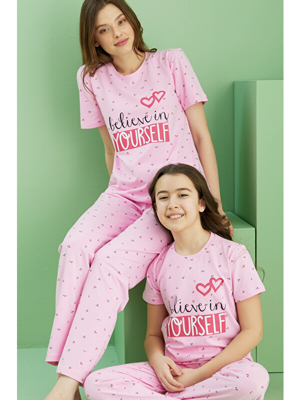 Siyah İnci pembe desenli Pamuklu Bisiklet Yaka Örme Pijama Takım25117073
