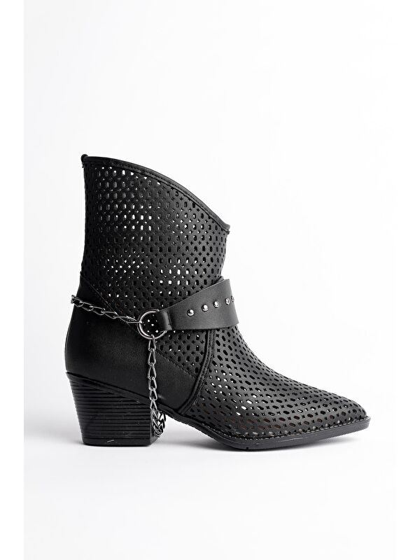 BURNİNG Kadın Lazer Kesim Zincir Detaylı Delikli Kovboy Yazlık Topuklu Festival Bot - Görsel 5
