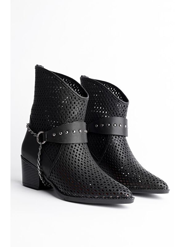 BURNİNG Kadın Lazer Kesim Zincir Detaylı Delikli Kovboy Yazlık Topuklu Festival Bot - Görsel 6