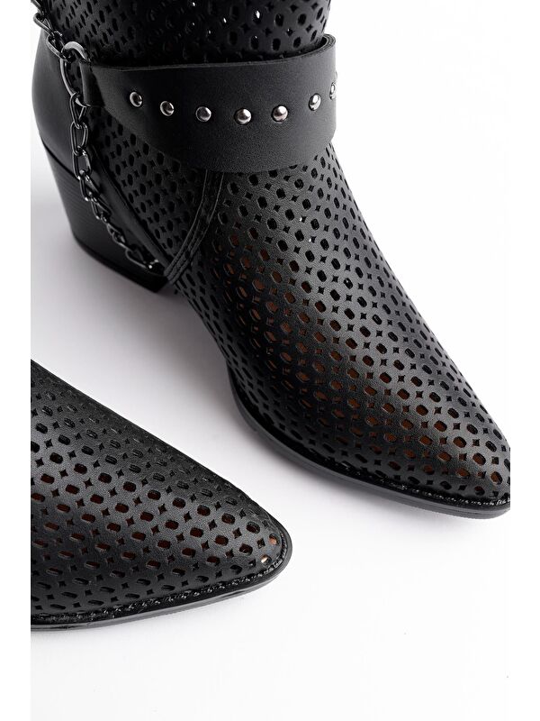 BURNİNG Kadın Lazer Kesim Zincir Detaylı Delikli Kovboy Yazlık Topuklu Festival Bot - Görsel 7