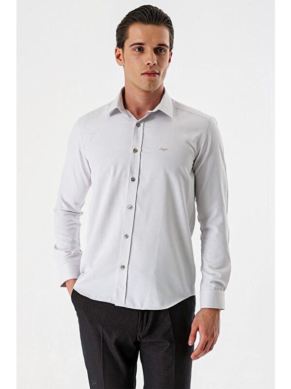 İMZA Açık Bej Uzun Kollu Desenli Armürlü Sert Yaka Cepsiz Pamuklu Slim Fit Dar Kesim Gömlek 1004235171