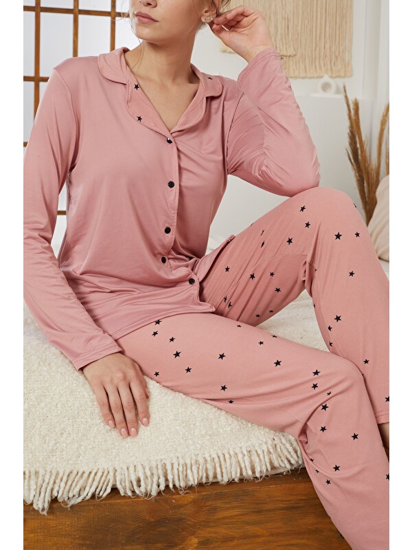 Siyah İnci Pudra Yıldız Desenli Gömlek Yaka Düğmeli Milan Örme Pijama Takım25224006
