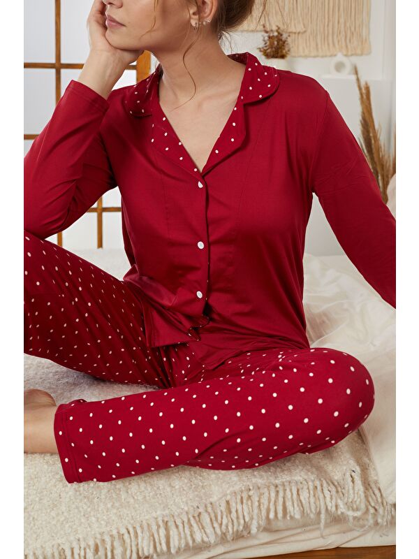 Siyah İnci Bordo Puan Desenli Gömlek Yaka Düğmeli Milan Örme Pijama Takım25224005