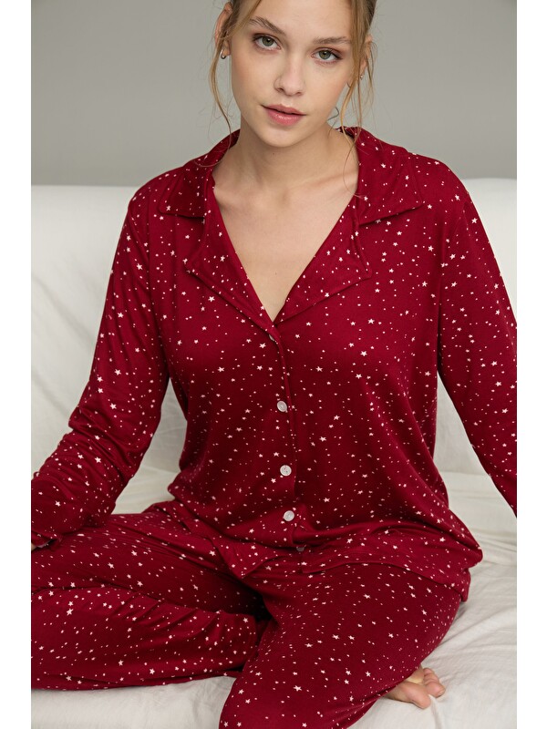 Siyah İnci Bordo Yıldız Desenli Gömlek Yaka Düğmeli Milan Örme Pijama Takım25224019
