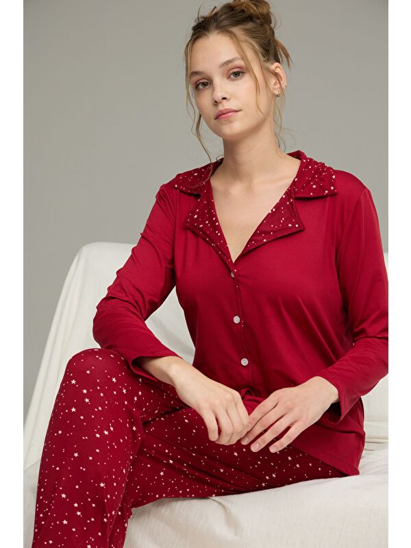 Siyah İnci Bordo Yıldız Desenli Gömlek Yaka Düğmeli Milan Örme Pijama Takım25224025