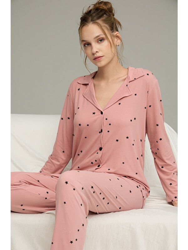 Siyah İnci Pudra Yıldız Desenli Gömlek Yaka Düğmeli Milan Örme Pijama Takım25224024