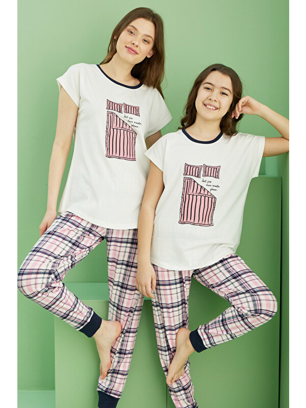Siyah İnci ekru desenli Pamuklu Bisiklet Yaka Örme Pijama Takım25117065
