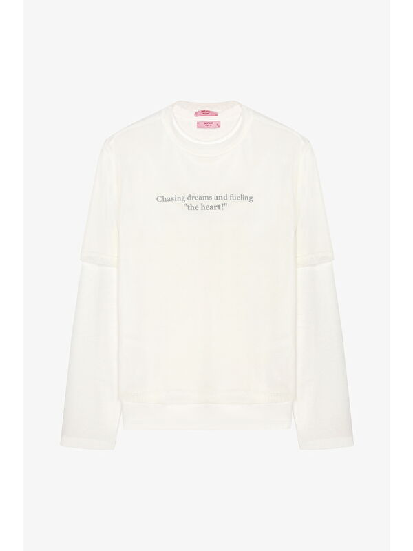 QUZU Tül Tişört Garnili Oversize Sweatshirt Ekru