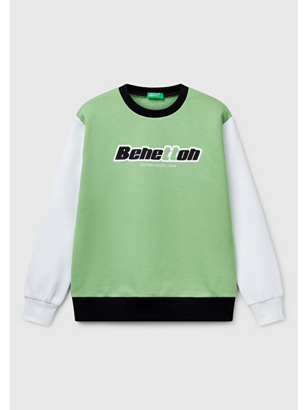 United Colors Of Benetton Erkek Çocuk Fıstık Yeşili Mix Benetton Logo Baskılı Bisiklet Yaka Sweatshirt