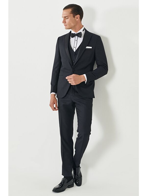 Altınyıldız Classics Erkek Lacivert Slim Fit Dar Kesim Kırlangıç Yaka Desenli Yelekli Smokin Takım