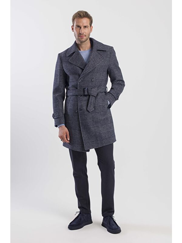 JAKAMEN Lacivert Slim Fit Gemici Yaka Ekoseli Yünlü Kaban