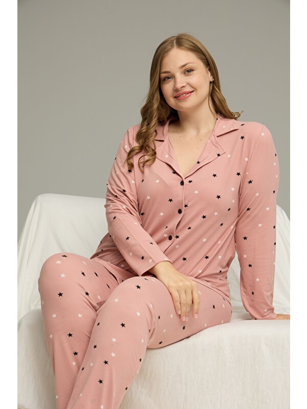 Siyah İnci Pudra Desenli Büyük Beden Battal Boy Gömlek Yaka Düğmeli Milan Örme Pijama Takım25224322