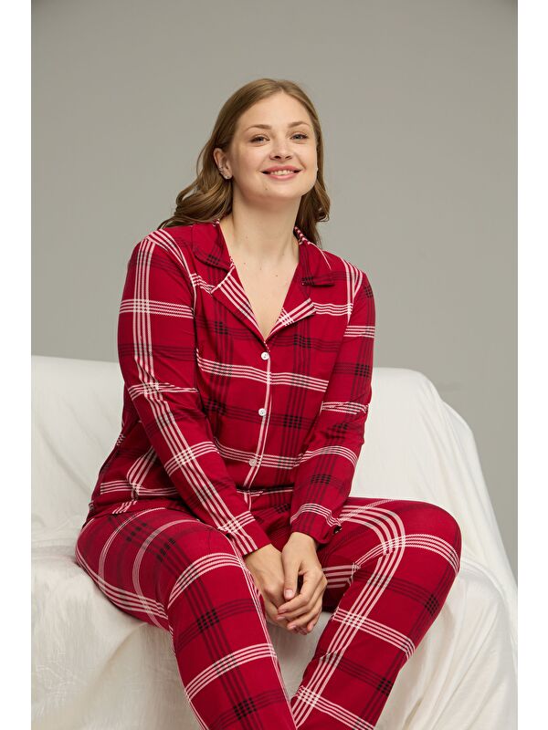 Siyah İnci Ekose Desenli Büyük Beden Battal Boy Gömlek Yaka Düğmeli Milan Örme Pijama Takım25224325