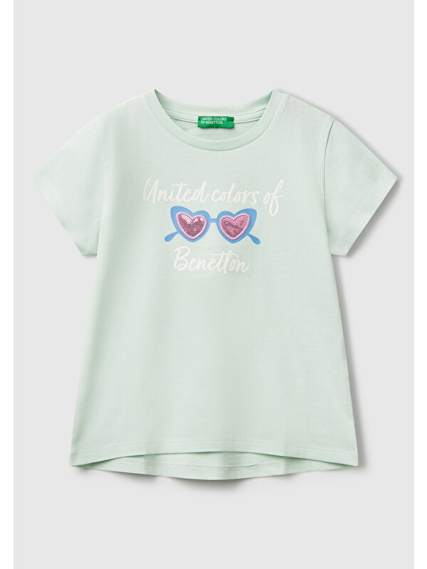 United Colors Of Benetton Kız Çocuk Su Yeşili Simli Benetton Logo Baskılı T-Shirt