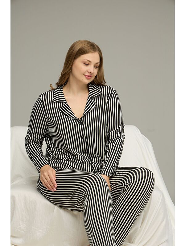 Siyah İnci Siyah Desenli Büyük Beden Battal Boy Gömlek Yaka Düğmeli Milan Örme Pijama Takım25224328