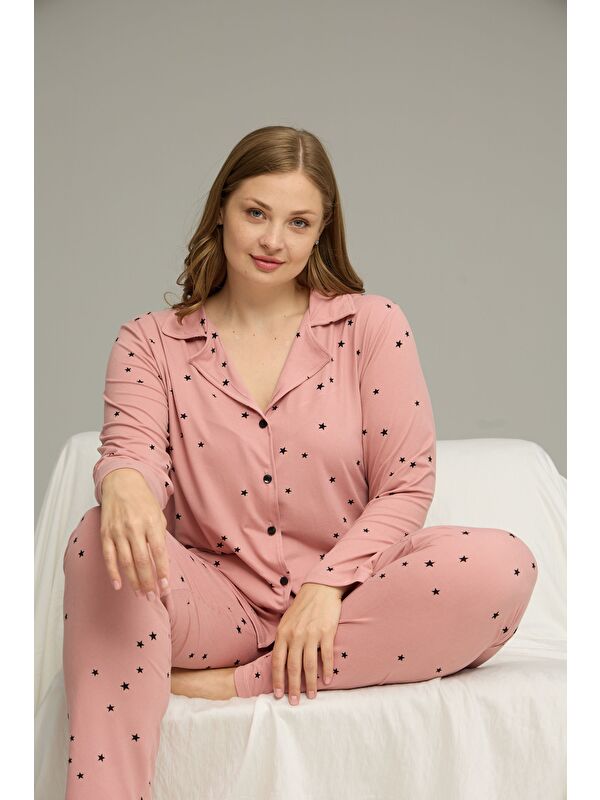 Siyah İnci Pudra Desenli Büyük Beden Battal Boy Gömlek Yaka Düğmeli Milan Örme Pijama Takım25224330
