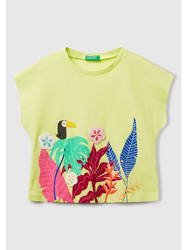 United Colors Of Benetton Kız Çocuk Sarı Kroşe Detaylı Kimono Kollu T-Shirt