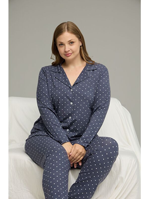 Siyah İnci İndigo Büyük Beden Battal Boy Gömlek Yaka Düğmeli Milan Örme Pijama Takım25224341