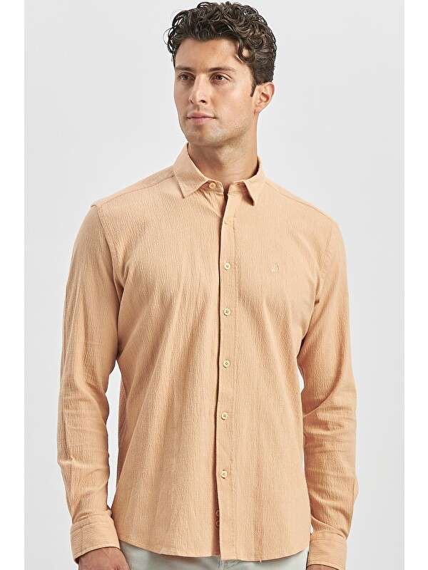 İMZA Turuncu Uzun Kollu Gofreli Biyeli %100 Pamuk Casual Slim Fit Dar Kesim Gömlek 1004240247