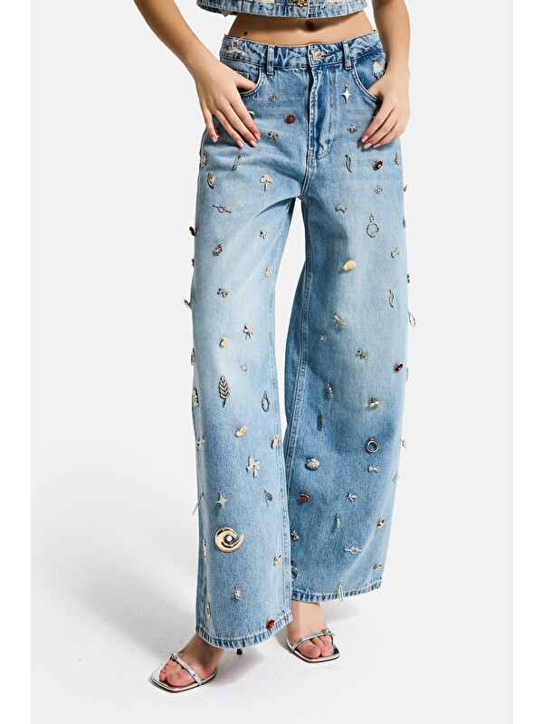 It's Basic Kadın Jean Rengi 12s6-32 Mega Baggy Fit Özel Dikim Aksesuarlı Tasarım Denim Jean