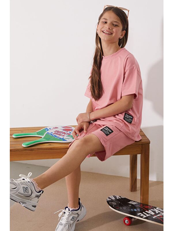 Cansın Mini Pembe Oversize Tişörtlü Çımalı Kız Çocuk Şortlu Takım 18904