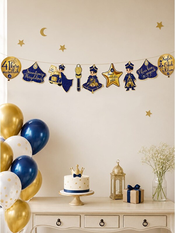 Parti Adresi Sünnetimize Hoşgeldiniz Dekoratif Banner Sünnet Parti Süsü Lacivert Gold