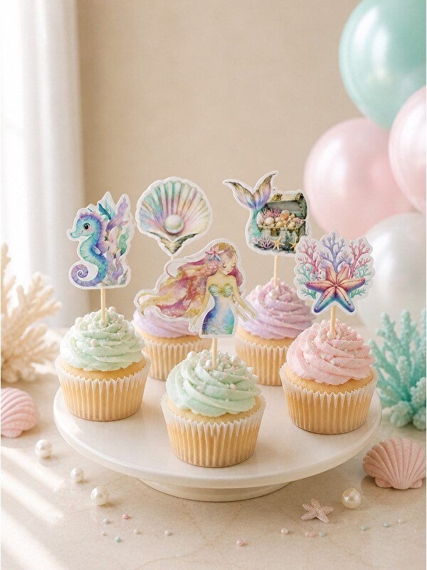 Parti Adresi Deniz Kızı Temalı Cupcake Kürdan  –  Doğum Günü Kek Süsü 10'lu