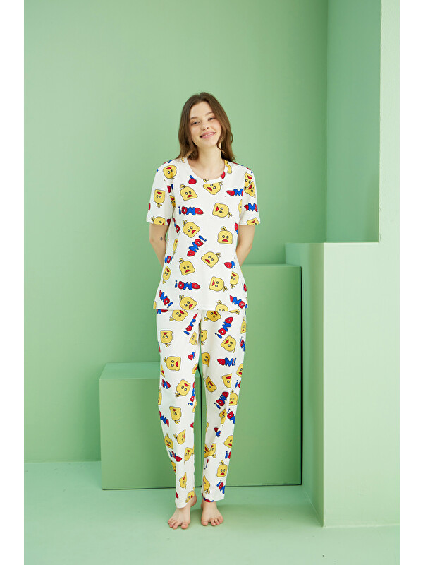 Siyah İnci ekru desenli Pamuklu Bisiklet Yaka Örme Pijama Takım25107157