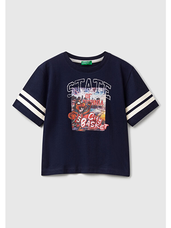 United Colors Of Benetton Erkek Çocuk Lacivert Fotoğraf Baskılı Kolu Çizgili Oversize T-Shirt