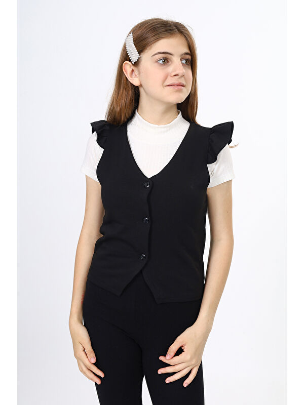 Toontoykids Kız Çocuk Fırfır Detaylı Düğmeli V Yaka Blazer Okul Yeleği - Astarsız