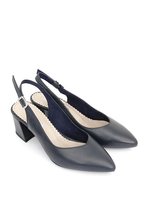 LACİVERT Hakiki Deri Sivri Burun Orta Kalın Topuklu Arkası Açık Kadın Yazlık Ayakkabı 24118 - Görsel 3