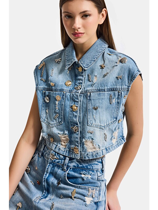 It's Basic Kadın Jean Rengi 12s6-32 Crop Fit Özel Dikim Aksesuar Tasarım Denim Ceket