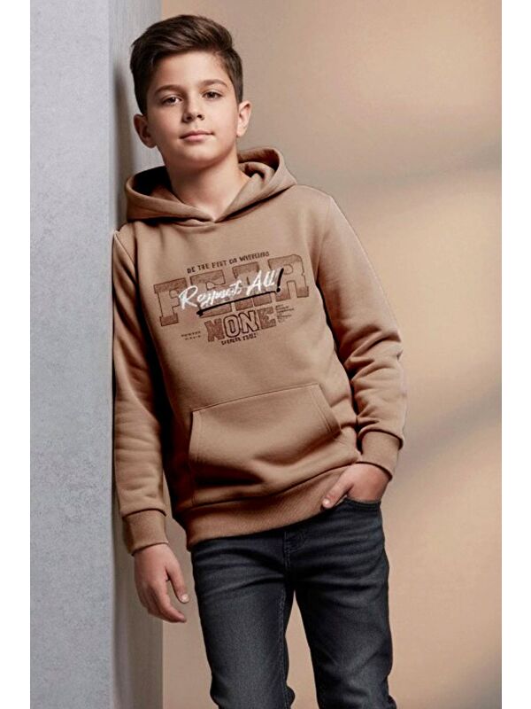 Breeze Kız Çocuk Pelüş Sweatshirt Kapüşonlu Kanguru Cepli Bej (10-14 Yaş)